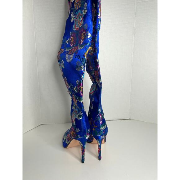 Fashion Nova Blue Metallic Thigh High Pointed Toe Floral Heels Size 8 - Picture 6 of 9